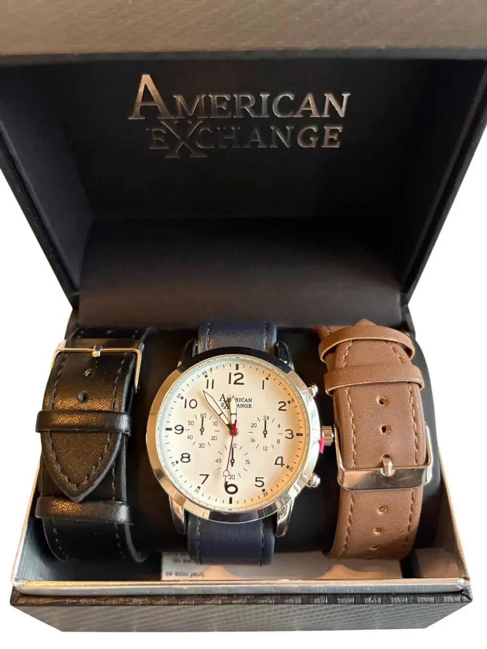 American Exchange Mens Watch Set Silver White Dial 3 Leather Bands
